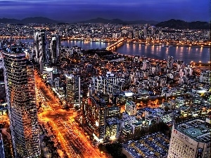 River, town, night, Mexico, Bridges, panorama