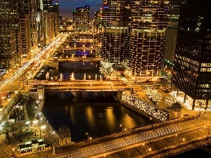 River, night, panorama, Bridges, town