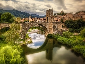 River, bridge, Besalu, Bush, Spain