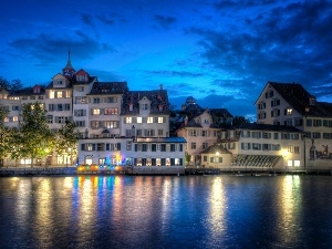 Houses, River, Switzerland