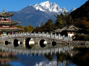 River, bridge, Japan, Mountains