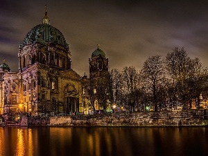 River, trees, viewes, Church, Night, fence