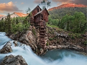 River, Windmill, Mountains, Old car