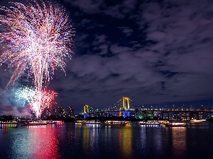 town, bridge, panorama, fireworks, New Year