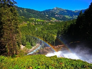 River, woods, Great Rainbows, panorama, Mountains