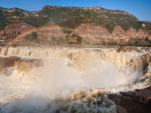 River, height, Hill, Great Rainbows, waterfall