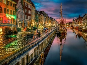 port, Copenhagen, Ship, Houses, Denmark, City at Night, River