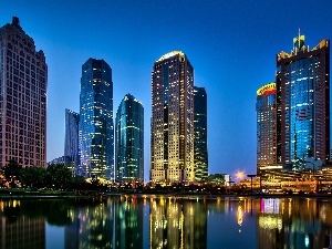 skyscraper, River, Night, Szanghaj, light, China, Town