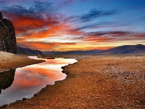 River, clouds, Mountains, west, steppe, sun