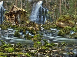 River, Windmill, forest, Stones, waterfalls