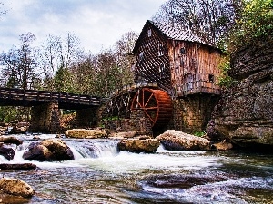 River, bridge, Old car, Stones, Windmill