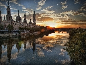 River, Church, Spain, Great Sunsets, Saragossa