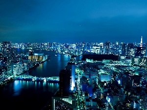 Sumida, bridge, Tokio, panorama, nigh, skyscrapers, clouds, town, River