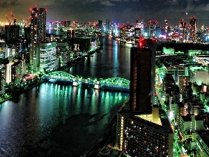 River, bridge, Town, Night