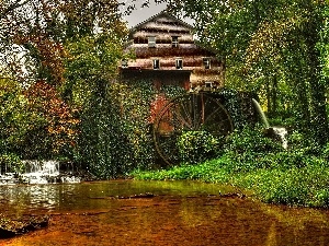 trees, River, cascade, Old car, viewes, Windmill