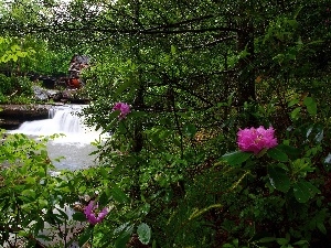 River, waterfall, Windmill, vegetation, water