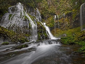 River, forest, waterfall, rocks