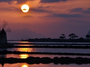 River, Windmill, west, sun