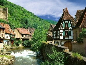 River, Houses, Austria, woods, Kaysersberg