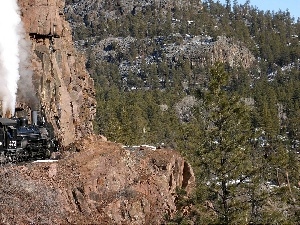 rocks, viewes, Train, abyss, trees