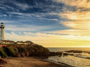 rocks, Coast, Lighthouse, clouds, maritime