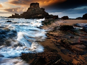 clouds, rocks, Waves