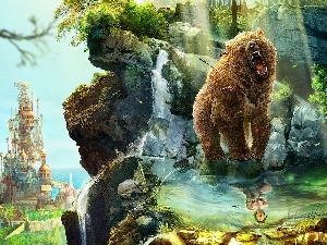 fantasy, rocks, Women, roaring, Castle, Bear, reflection