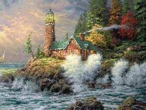 Home, maritime, rocks, sea, Thomas Kinkade, Lighthouse