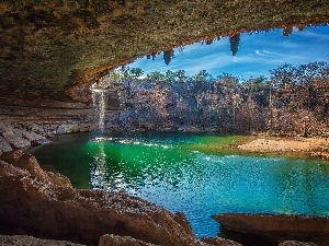 lake, rocks, cave