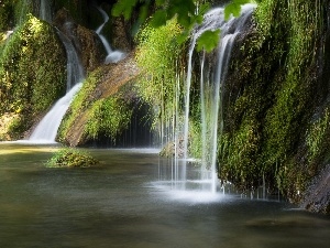 mossy, rocks, waterfall