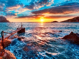 rocks, sun, sea, pier, west