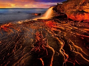 Rocks, cliff, sea, waterfall