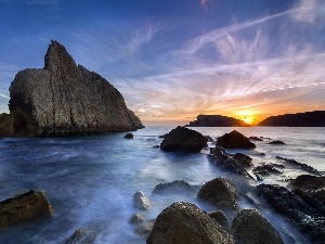 rocks, Great Sunsets, sea