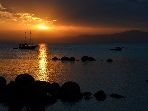 rocks, sea, west, sailing vessel, sun