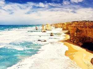 rocks, Sky, Waves, Beaches