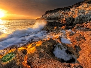 rocks, sea, west, Waves, sun