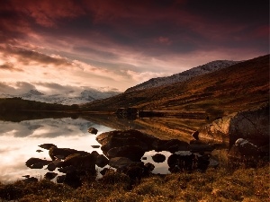 rocks, clouds, west, sun