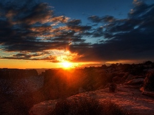 rocks, rays, west, sun