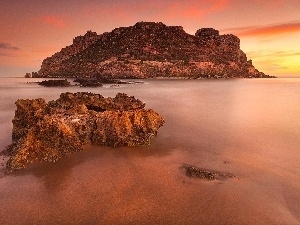 rocks, sea, west, sun