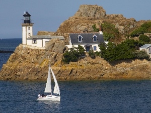 rocks, Coast, Lighthouse, Yacht, maritime