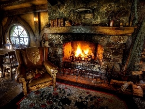 Room, stylized, house, burner chimney, interior