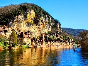 La Roque Gageac, Houses, River, France, rocks