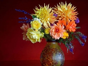 roses, dahlias, bouquet, Flowers