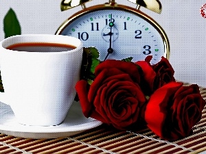roses, Red, alarm clock, cup