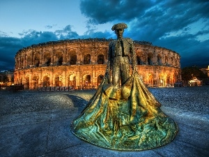 Nimes, ruins, Gladiator Arena, sculpture, France, bullfighter