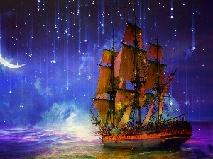 sailing vessel, star, fantasy, Night