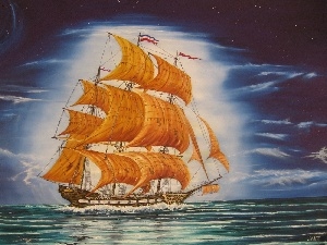 sailing vessel, moon, sea