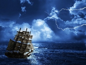 sailing vessel, sea, Storm, clouds