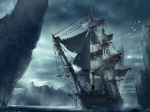sailing vessel, ice, sea, wanderer, Mountains