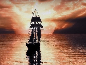 sailing vessel, sea, west, sun